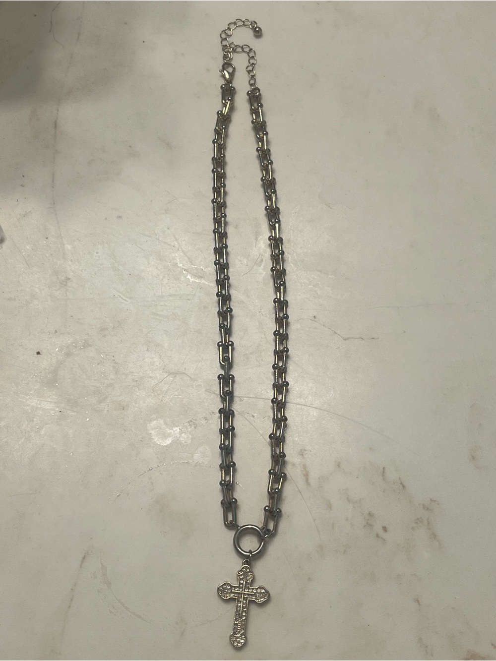 Antique Gold-Toned Rhinestone Cross Pendant Necklace